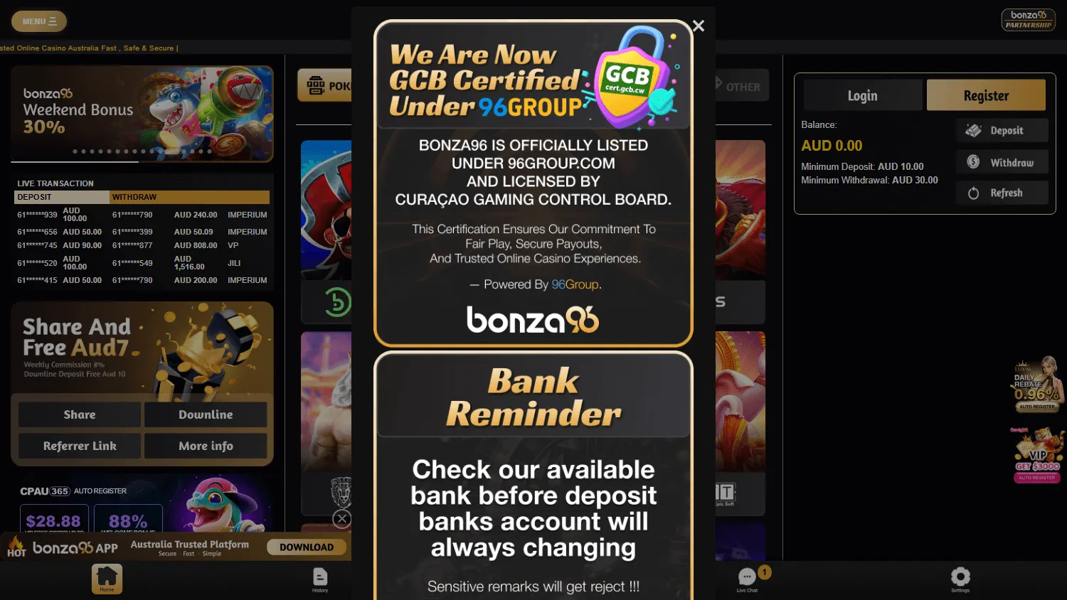 Bonza96 Casino desktop games lobby with pokies and casino titles