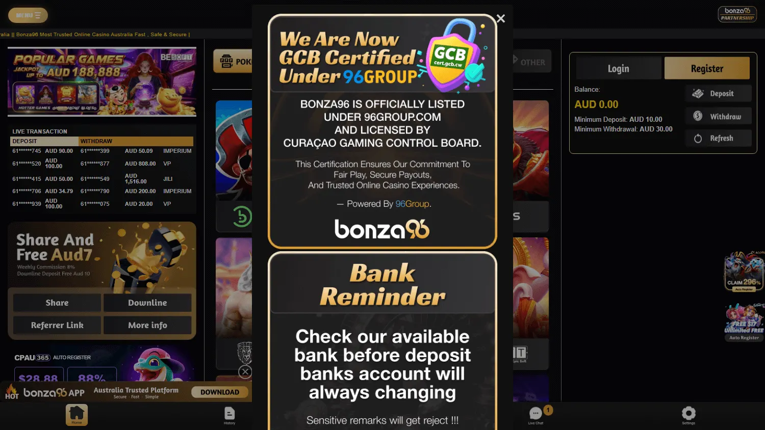 Bonza96 Casino desktop home screen with welcome offer and AUD casino access